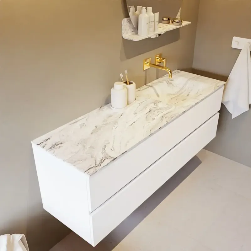Uitverkoop Mondiaz Vica DLux badmeubel 150cm talc 2 lades met wastafel glace rechts zonder kraangat