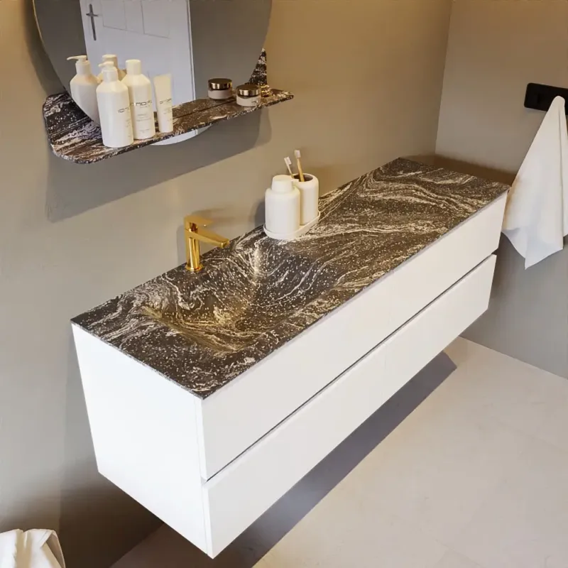 Tijdelijk Beschikbaar Mondiaz Vica DLux badmeubel 150cm talc 4 lades met wastafel lava links 1 kraangat