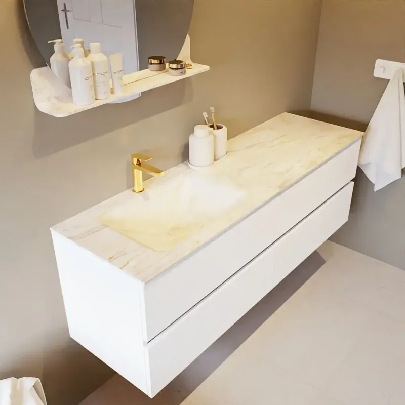 Veilige Betaling Mondiaz Vica DLux badmeubel 150cm talc 4 lades met wastafel ostra links 1 kraangat