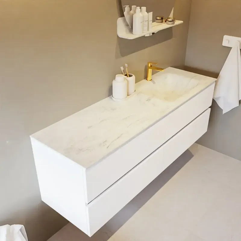 Mondiaz Vica DLux badmeubel 150cm talc 4 lades met wastafel opalo rechts 1 kraangat Populair