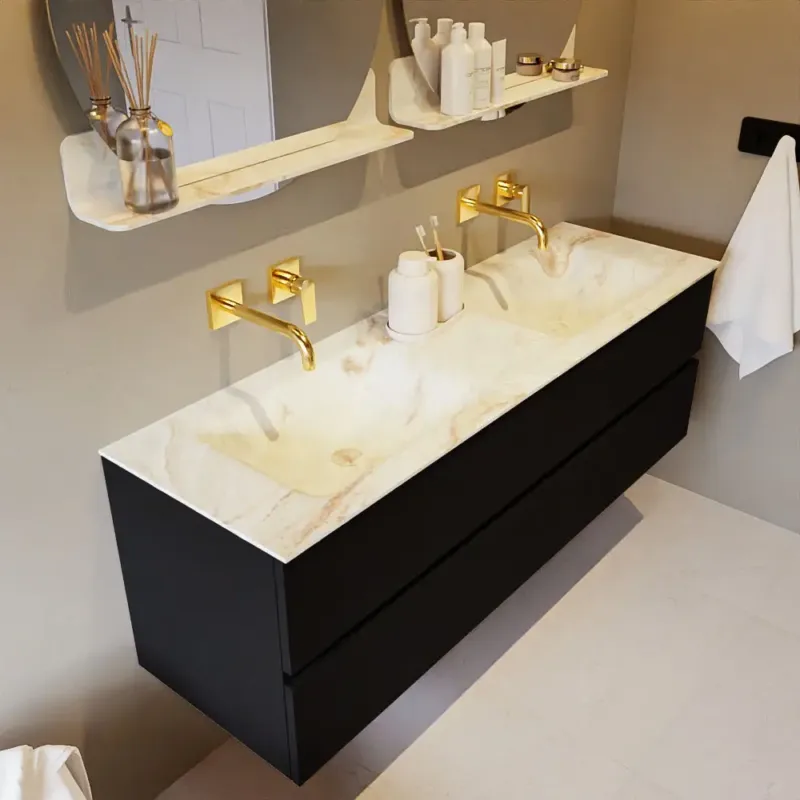 Mondiaz Vica DLux badmeubel 150cm urban 2 lades met wastafel frappe dubbel zonder kraangat Gratis Retour