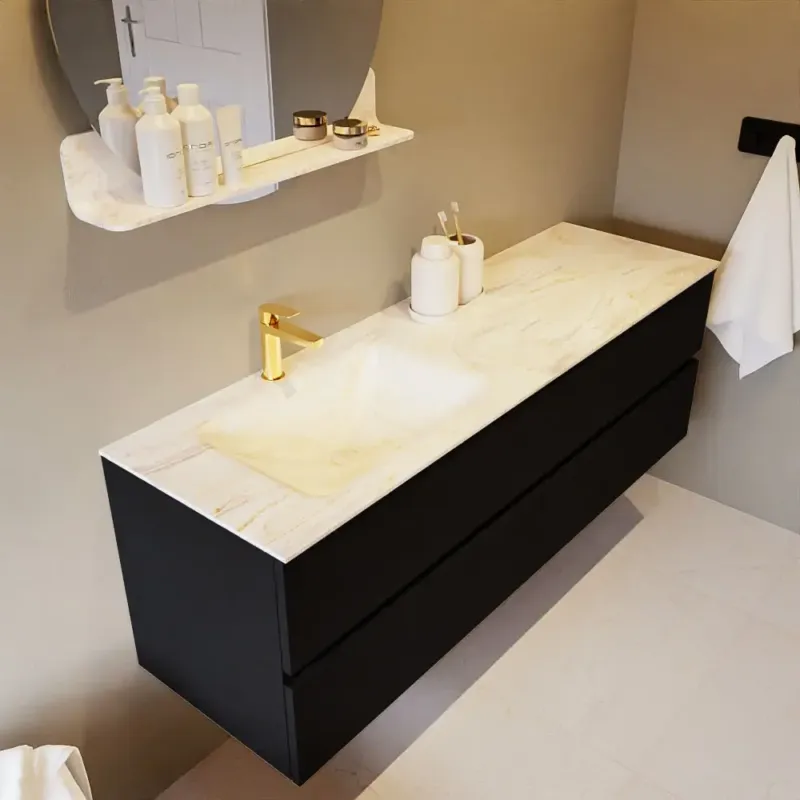 Mondiaz Vica DLux badmeubel 150cm urban 2 lades met wastafel ostra links 1 kraangat Merkproduct