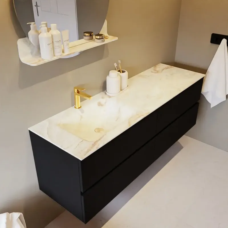 Mondiaz Vica DLux badmeubel 150cm urban 4 lades met wastafel frappe links 1 kraangat Betaalbaar