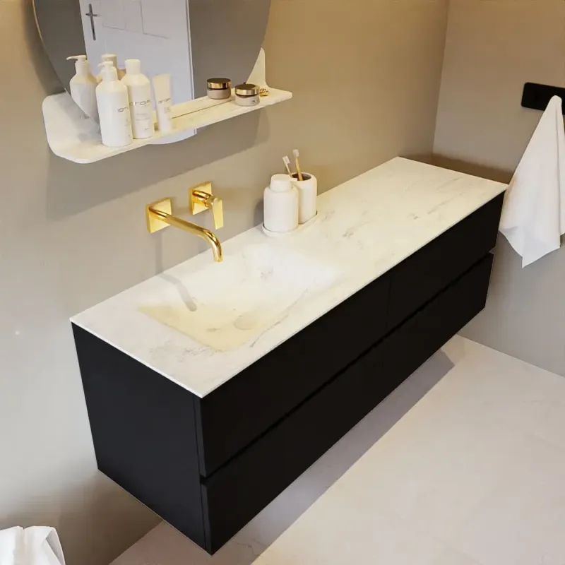 Mondiaz Vica DLux badmeubel 150cm urban 4 lades met wastafel opalo links zonder kraangat Bestel Nu
