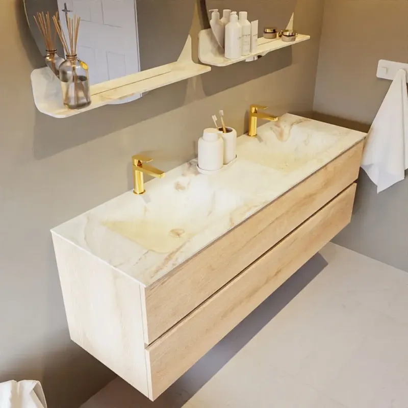 Rechtstreeks Van De Fabrikant Mondiaz Vica DLux badmeubel 150cm washed oak 2 lades met wastafel frappe dubbel 2 kraangaten