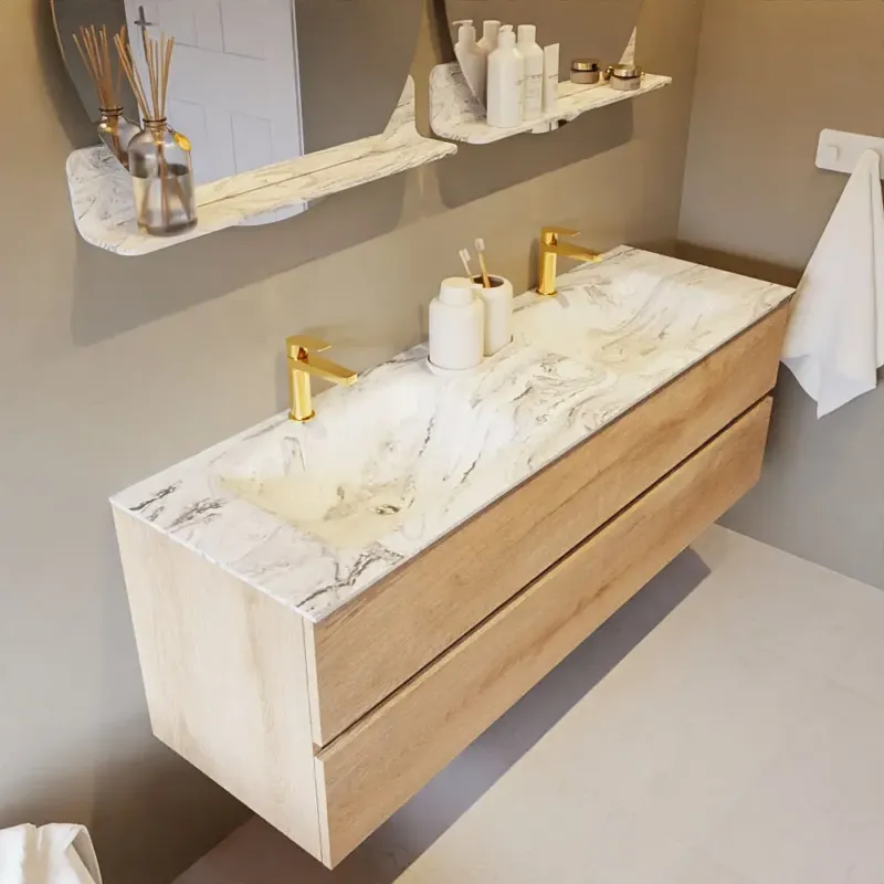 Speciale Aanbieding Mondiaz Vica DLux badmeubel 150cm washed oak 2 lades met wastafel glace dubbel 2 kraangaten