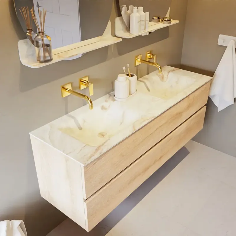 Mondiaz Vica DLux badmeubel 150cm washed oak 2 lades met wastafel frappe dubbel zonder kraangat Beste Prijs
