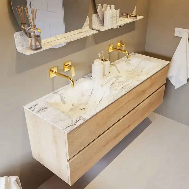 Mondiaz Vica DLux badmeubel 150cm washed oak 2 lades met wastafel glace dubbel zonder kraangat Goedkoop