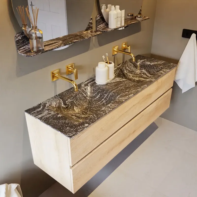 Snelle Levering Mondiaz Vica DLux badmeubel 150cm washed oak 2 lades met wastafel lava dubbel zonder kraangat