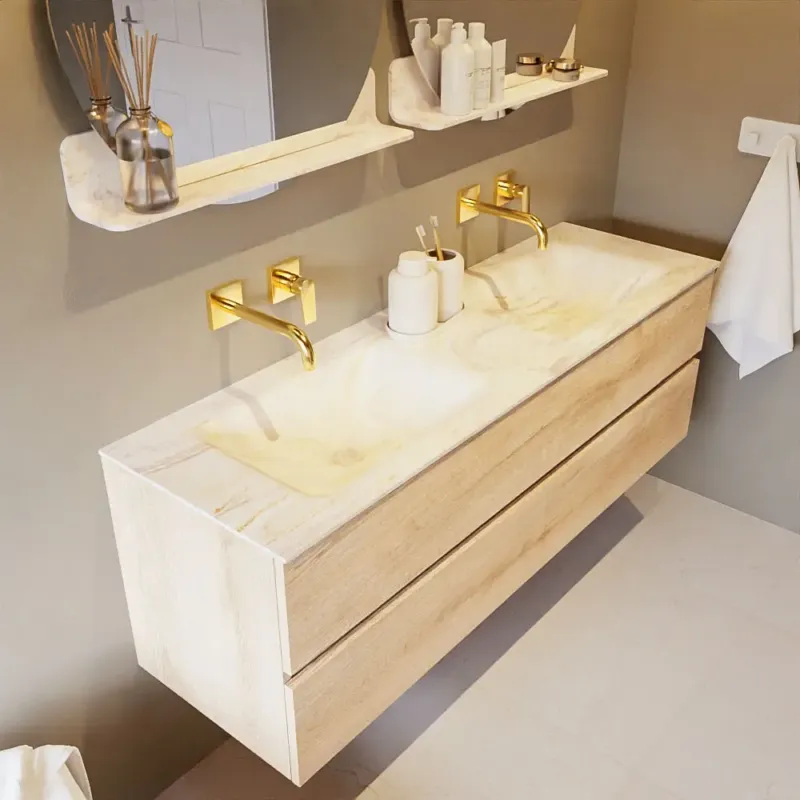 Mondiaz Vica DLux badmeubel 150cm washed oak 2 lades met wastafel ostra dubbel zonder kraangat Lage Prijs