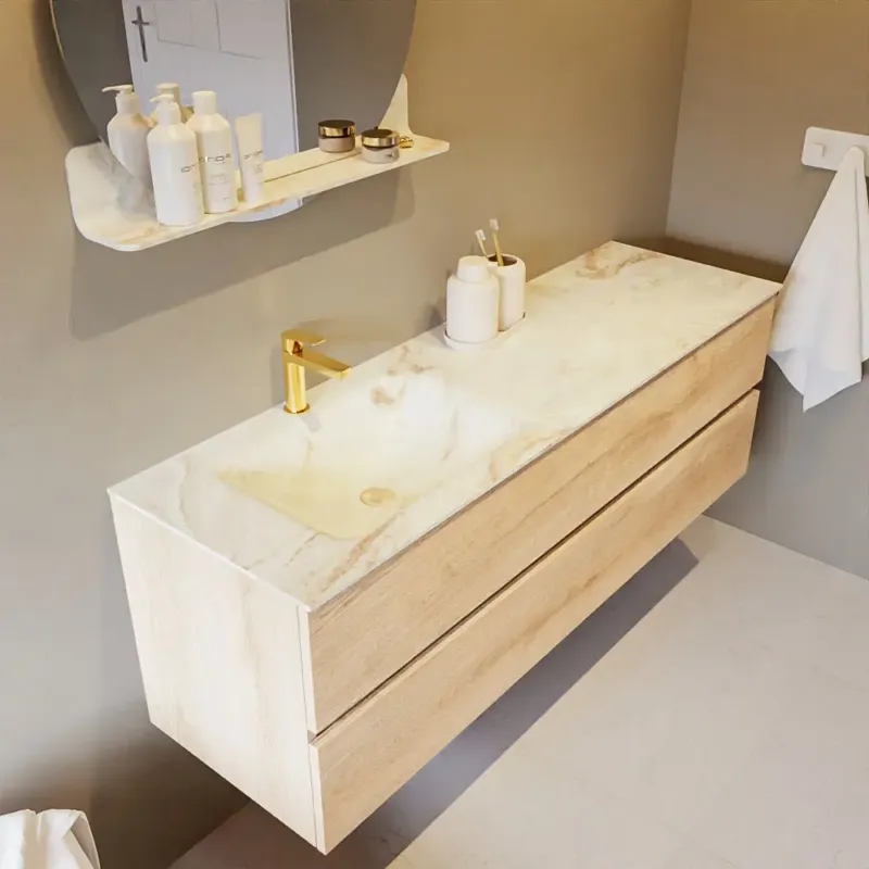 Mondiaz Vica DLux badmeubel 150cm washed oak 2 lades met wastafel frappe links 1 kraangat Hete Deal
