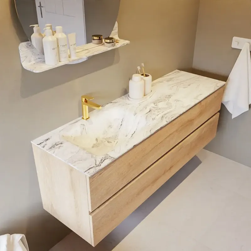 Mondiaz Vica DLux badmeubel 150cm washed oak 2 lades met wastafel glace links 1 kraangat Beperkt Aanbod