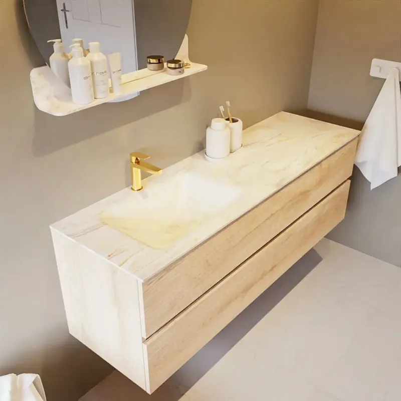 Voordeelprijs Mondiaz Vica DLux badmeubel 150cm washed oak 2 lades met wastafel ostra links 1 kraangat