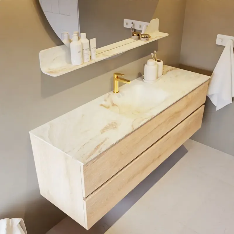 Premium Mondiaz Vica DLux badmeubel 150cm washed oak 2 lades met wastafel frappe midden 1 kraangat