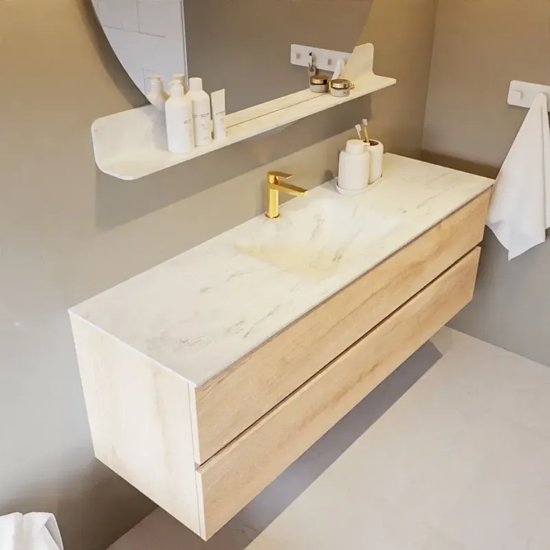 Mondiaz Vica DLux badmeubel 150cm washed oak 2 lades met wastafel opalo midden 1 kraangat Direct Beschikbaar
