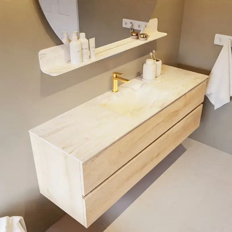 Mondiaz Vica DLux badmeubel 150cm washed oak 2 lades met wastafel ostra midden 1 kraangat Koop Vandaag