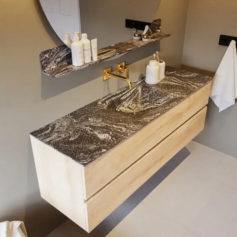 Mondiaz Vica DLux badmeubel 150cm washed oak 2 lades met wastafel lava midden zonder kraangat Merkproduct