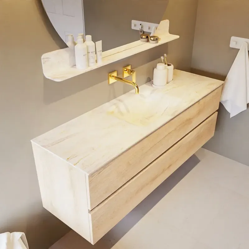 Mondiaz Vica DLux badmeubel 150cm washed oak 2 lades met wastafel ostra midden zonder kraangat Koop Vandaag