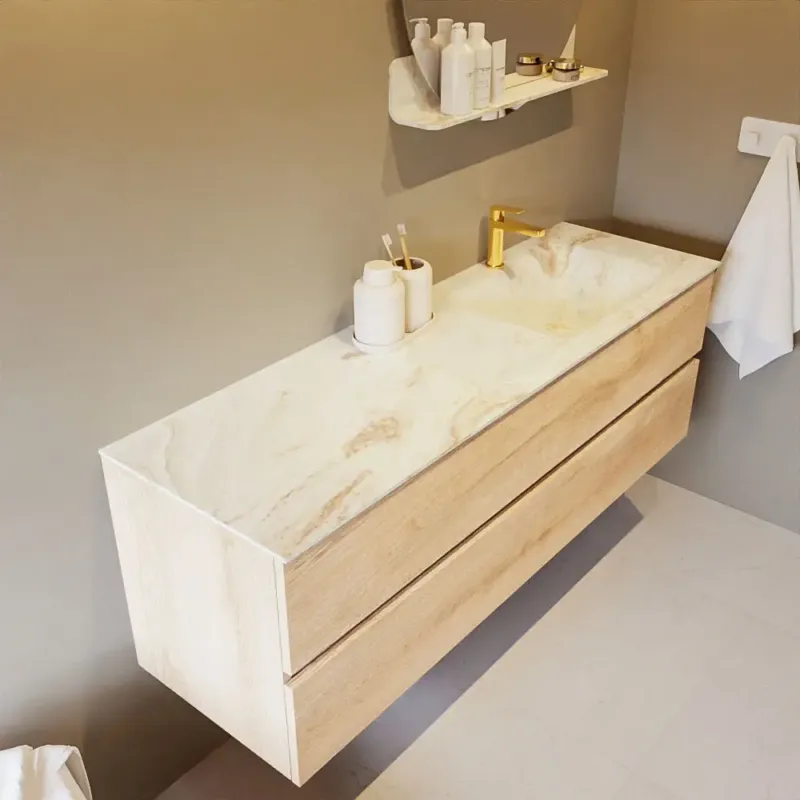 Mondiaz Vica DLux badmeubel 150cm washed oak 2 lades met wastafel frappe rechts 1 kraangat Merkproduct