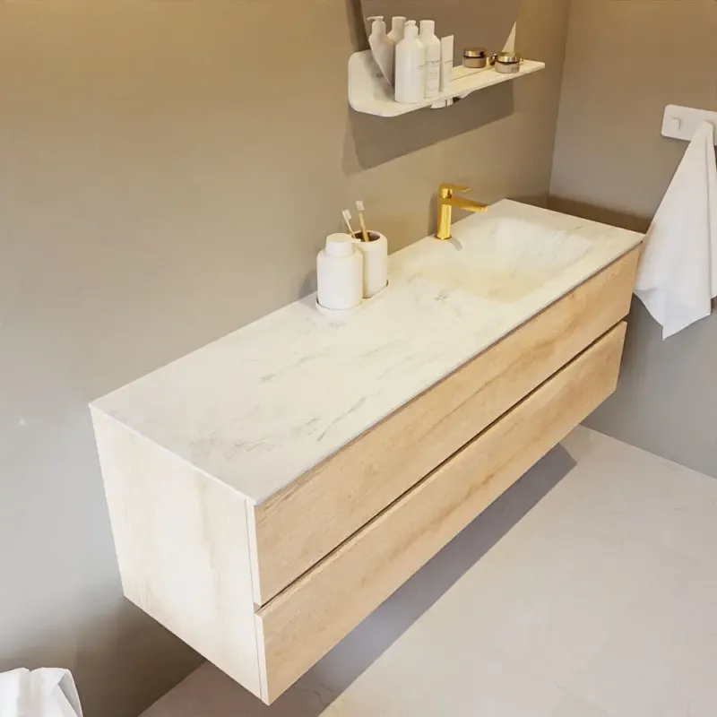 Actieprijs Mondiaz Vica DLux badmeubel 150cm washed oak 2 lades met wastafel opalo rechts 1 kraangat