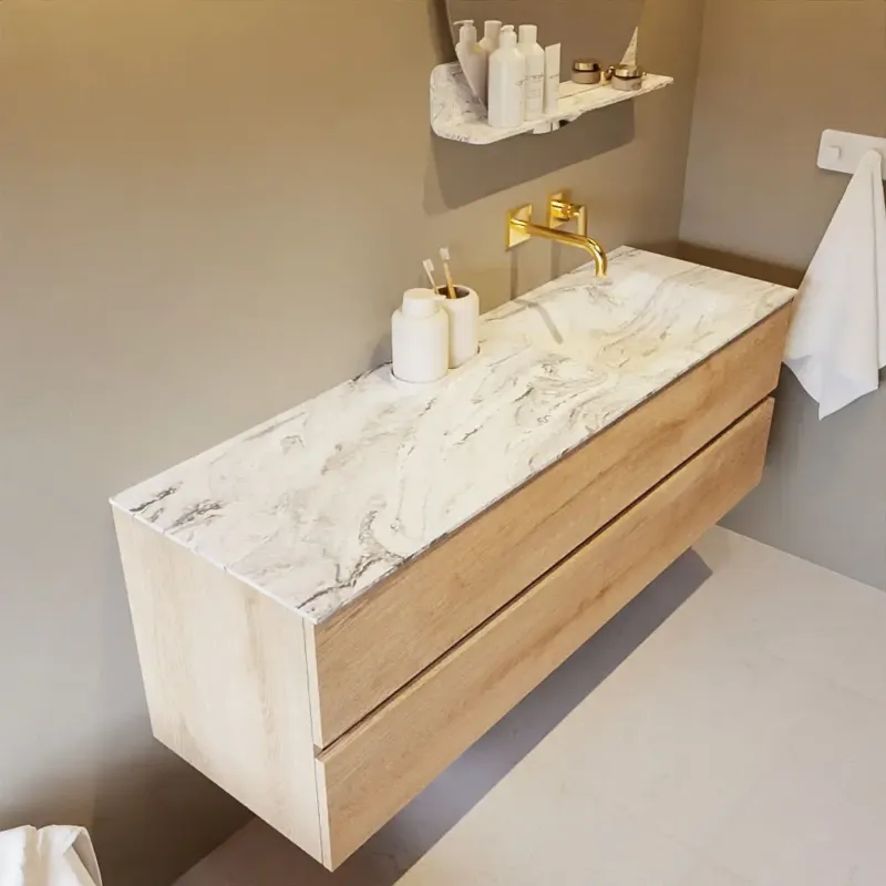 Premium Mondiaz Vica DLux badmeubel 150cm washed oak 2 lades met wastafel glace rechts zonder kraangat