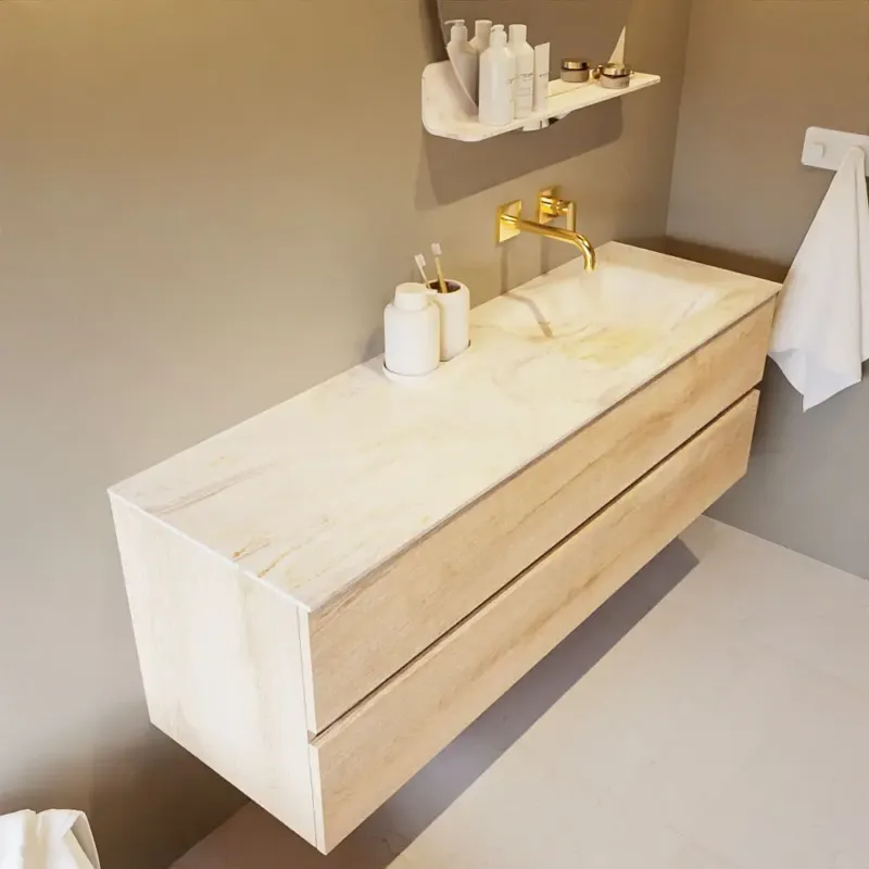 Mondiaz Vica DLux badmeubel 150cm washed oak 2 lades met wastafel ostra rechts zonder kraangat Voordeelprijs