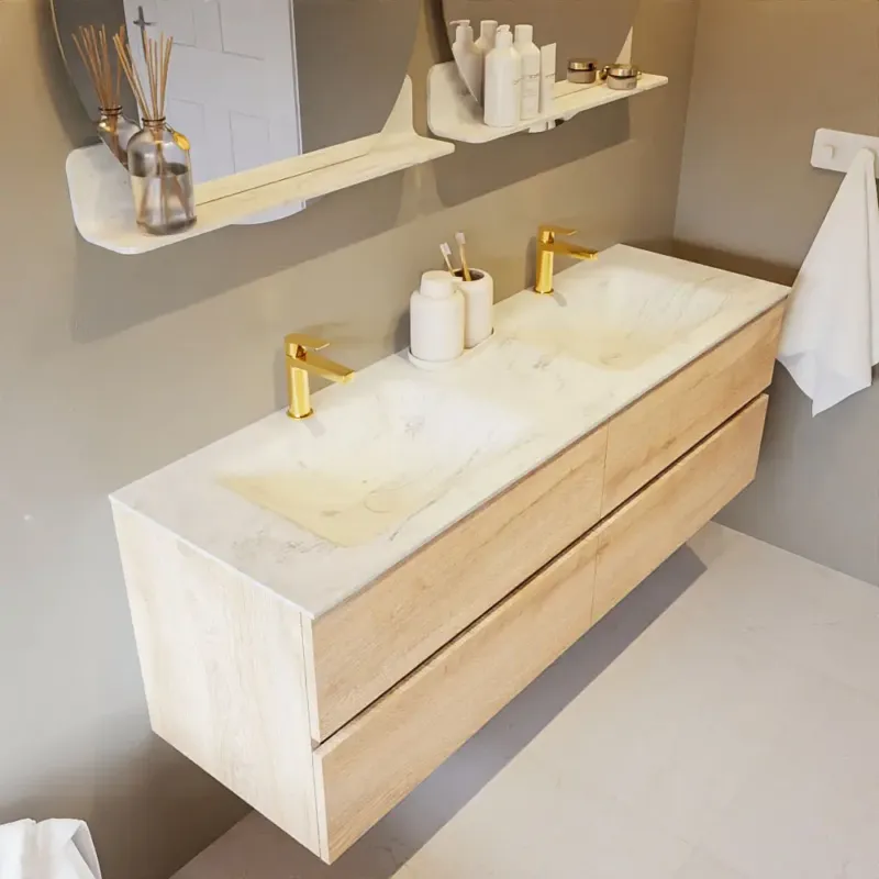 Mondiaz Vica DLux badmeubel 150cm washed oak 4 lades met wastafel opalo dubbel 2 kraangaten Meest Verkocht