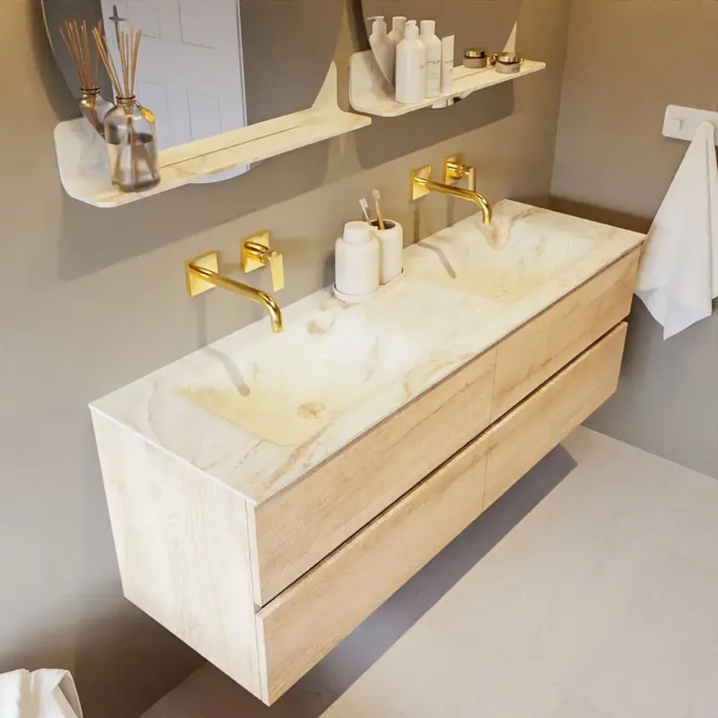 Must-Have Mondiaz Vica DLux badmeubel 150cm washed oak 4 lades met wastafel frappe dubbel zonder kraangat