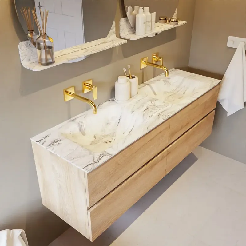 Mondiaz Vica DLux badmeubel 150cm washed oak 4 lades met wastafel glace dubbel zonder kraangat Must-Have