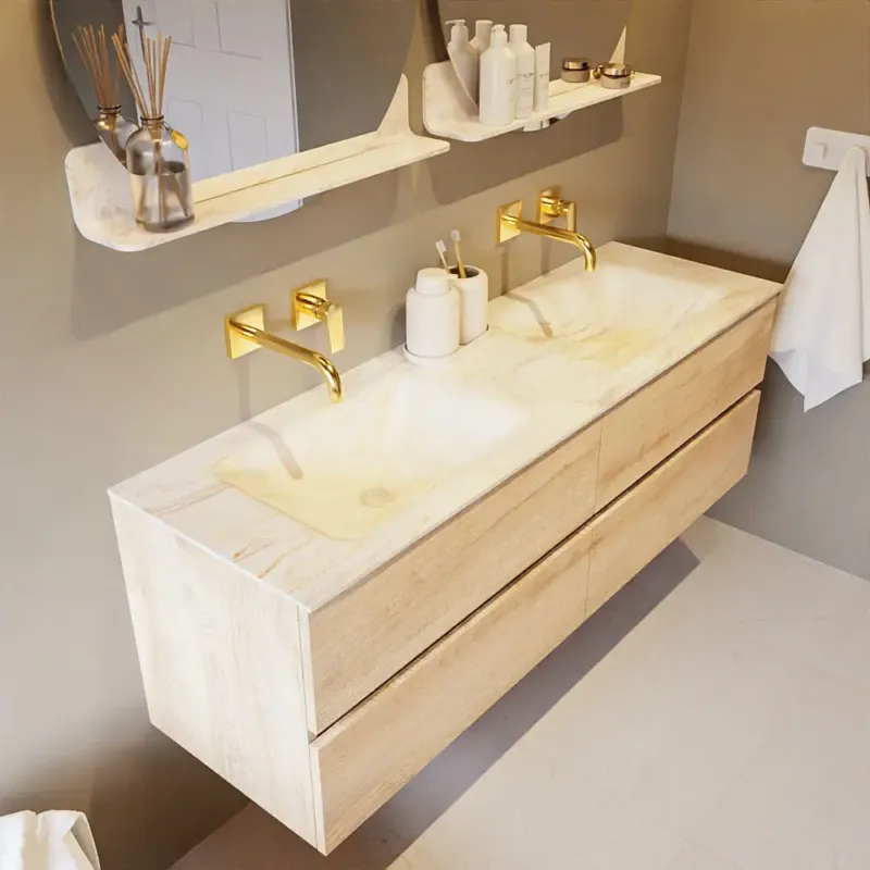 Mondiaz Vica DLux badmeubel 150cm washed oak 4 lades met wastafel ostra dubbel zonder kraangat Aanbieding