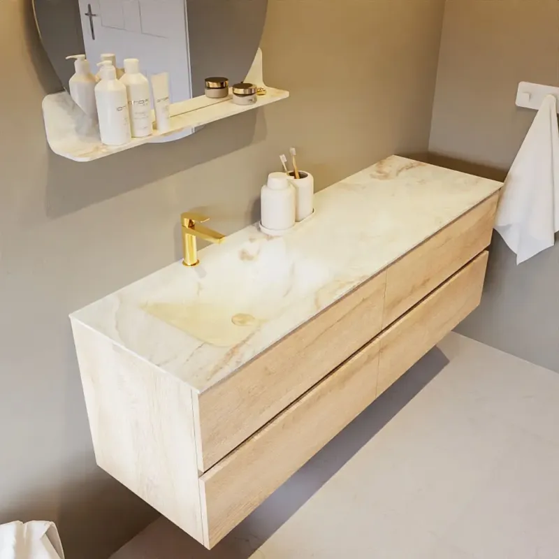 Mondiaz Vica DLux badmeubel 150cm washed oak 4 lades met wastafel frappe links 1 kraangat Premium