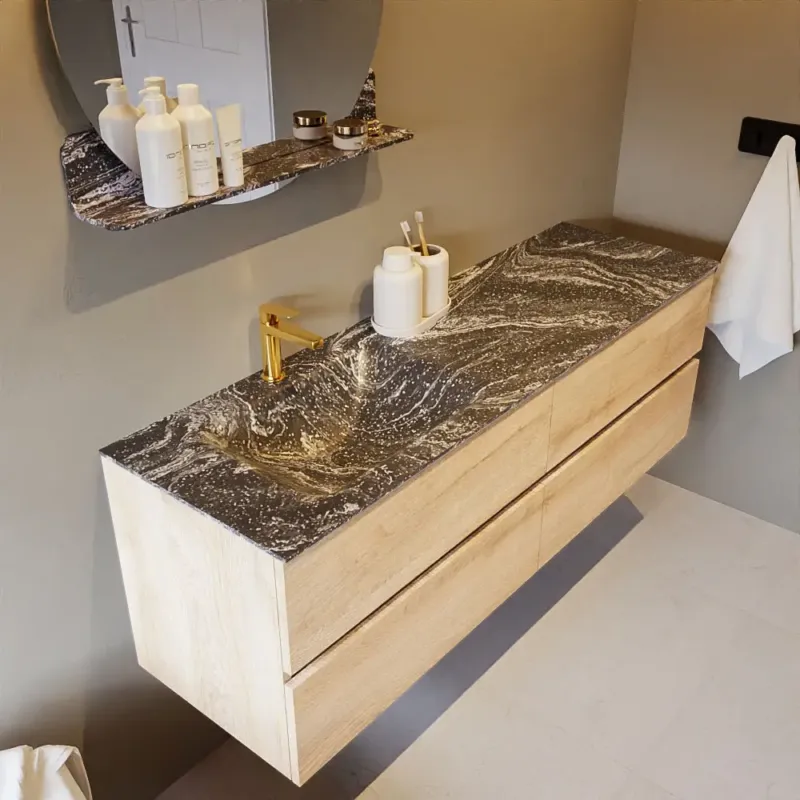 Mondiaz Vica DLux badmeubel 150cm washed oak 4 lades met wastafel lava links 1 kraangat Superprijs