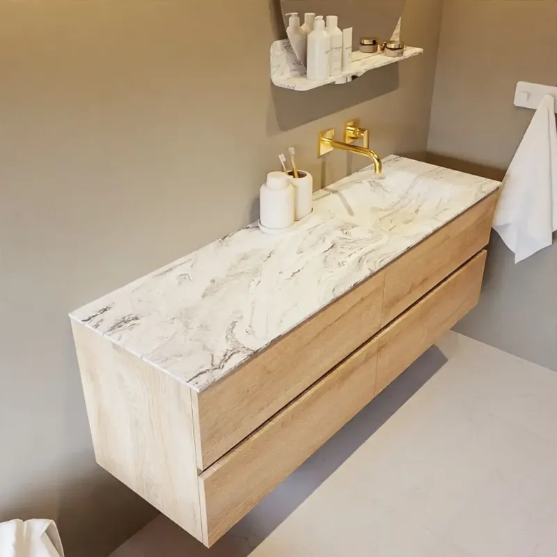 Mondiaz Vica DLux badmeubel 150cm washed oak 4 lades met wastafel glace rechts zonder kraangat Dagaanbieding