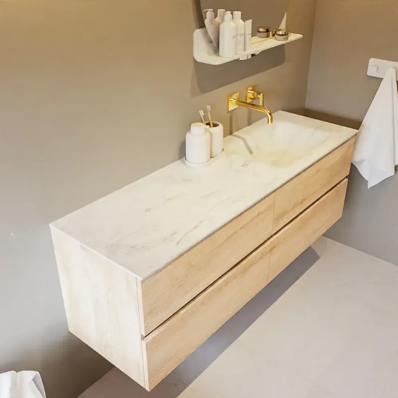 Premium Mondiaz Vica DLux badmeubel 150cm washed oak 4 lades met wastafel opalo rechts zonder kraangat
