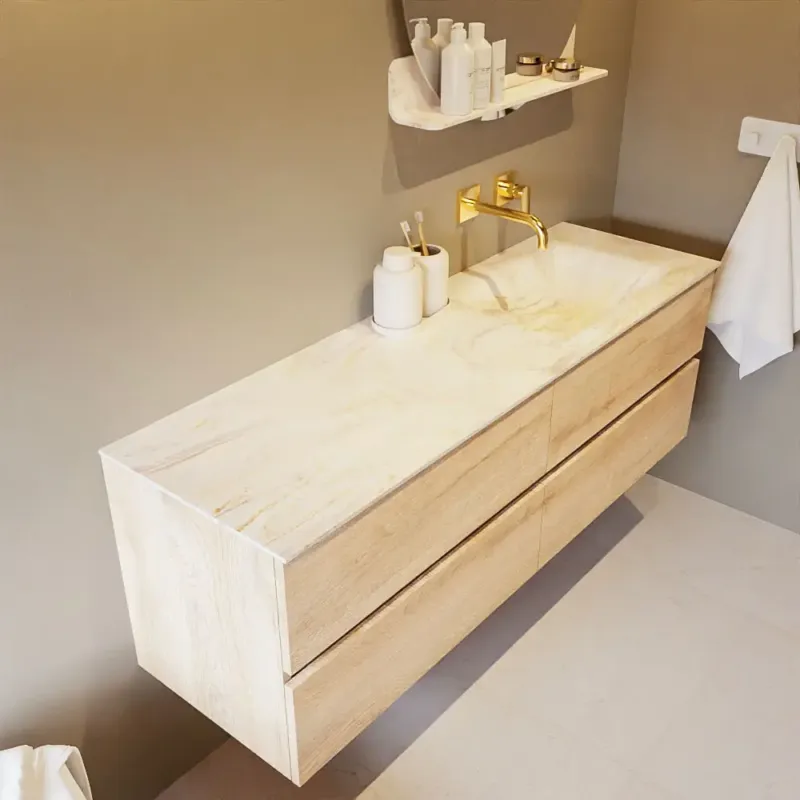 Voordeelprijs Mondiaz Vica DLux badmeubel 150cm washed oak 4 lades met wastafel ostra rechts zonder kraangat