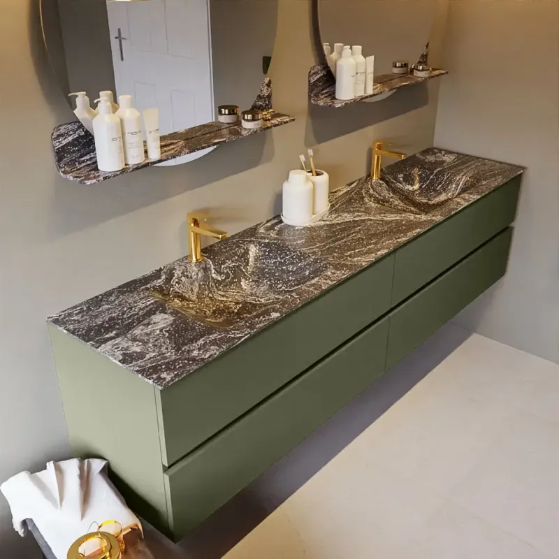 Speciale Aanbieding Mondiaz Vica DLux badmeubel 200cm army 4 lades met wastafel lava dubbel 2 kraangaten