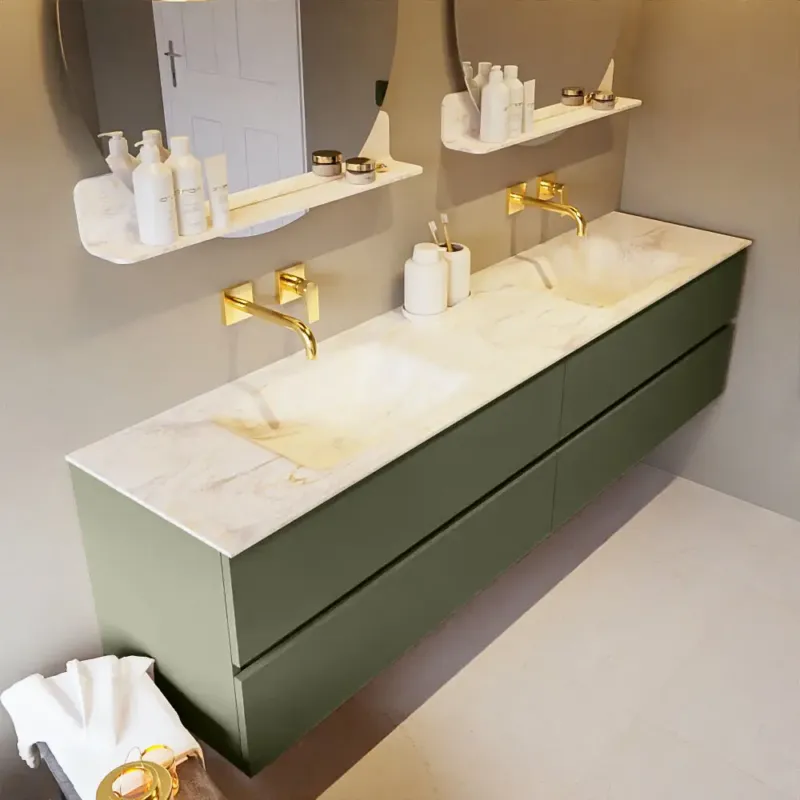 Aanbieding Mondiaz Vica DLux badmeubel 200cm army 4 lades met wastafel ostra dubbel zonder kraangat