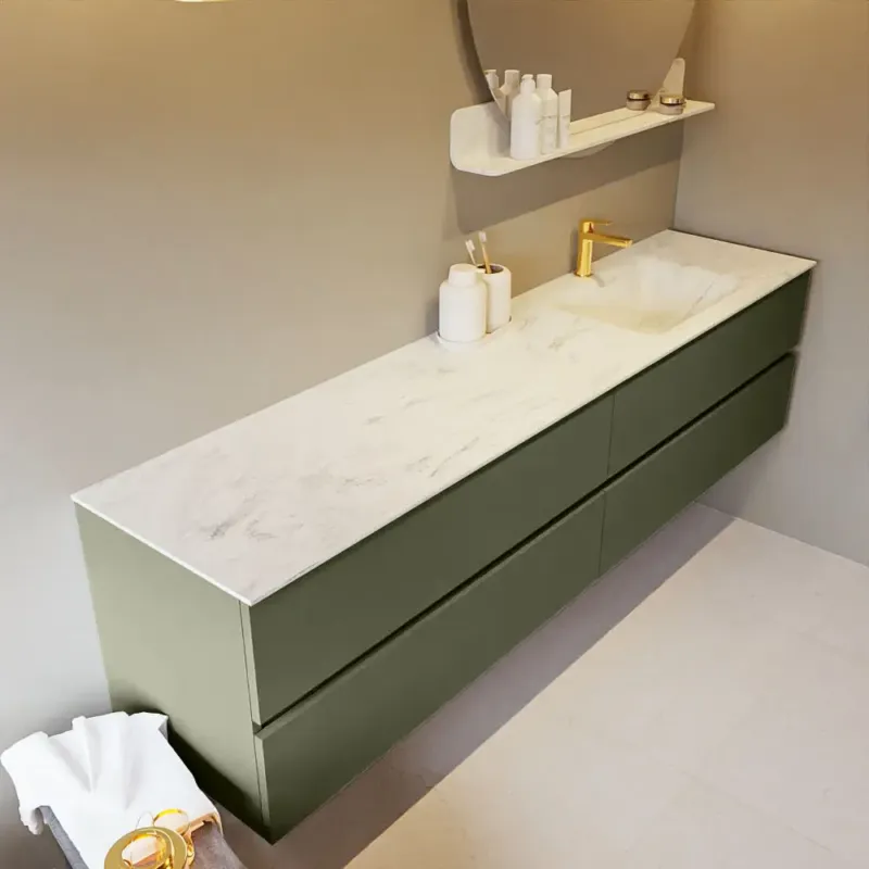 Mondiaz Vica DLux badmeubel 200cm army 4 lades met wastafel opalo rechts 1 kraangat Fabrieksprijs