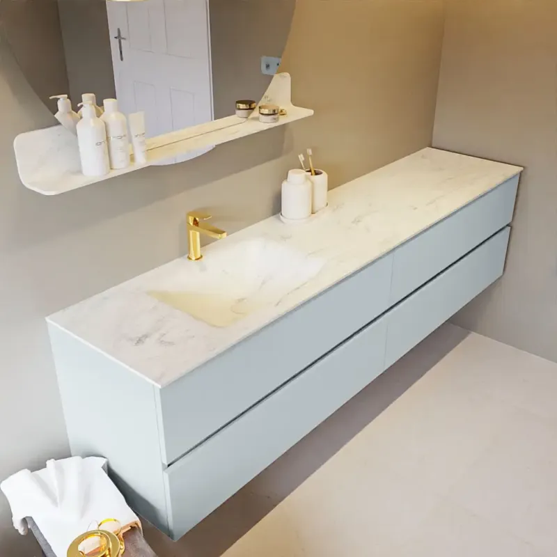 Mondiaz Vica DLux badmeubel 200cm clay 4 lades met wastafel opalo links 1 kraangat Nieuw