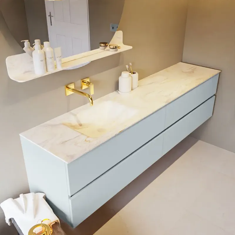 Actieprijs Mondiaz Vica DLux badmeubel 200cm clay 4 lades met wastafel ostra links zonder kraangat
