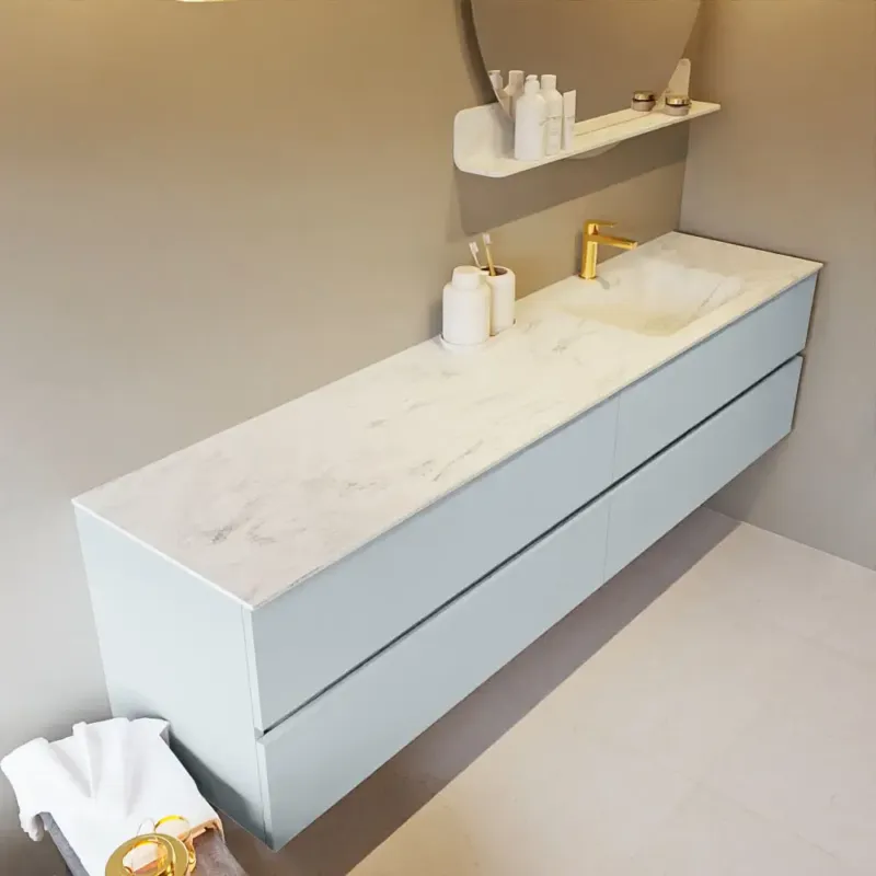 Mondiaz Vica DLux badmeubel 200cm clay 4 lades met wastafel opalo rechts 1 kraangat Finale Uitverkoop