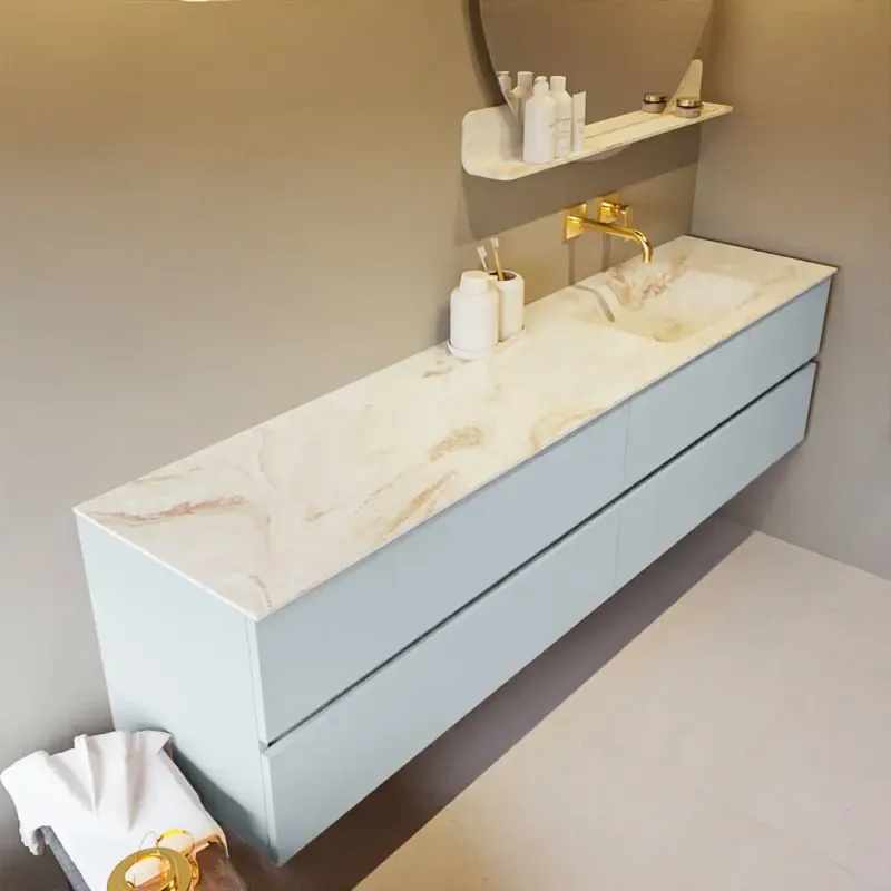 Premium Mondiaz Vica DLux badmeubel 200cm clay 4 lades met wastafel frappe rechts zonder kraangat