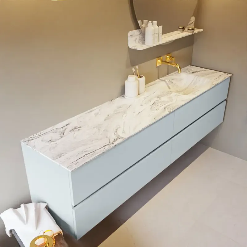 Speciale Aanbieding Mondiaz Vica DLux badmeubel 200cm clay 4 lades met wastafel glace rechts zonder kraangat
