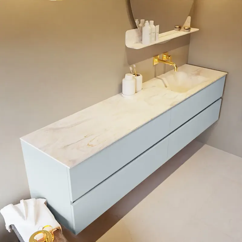 Mondiaz Vica DLux badmeubel 200cm clay 4 lades met wastafel ostra rechts zonder kraangat Flitsaanbieding