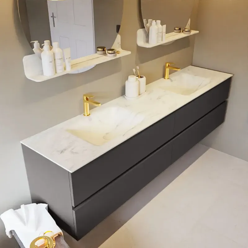Voordeelprijs Mondiaz Vica DLux badmeubel 200cm dark grey 4 lades met wastafel opalo dubbel 2 kraangaten