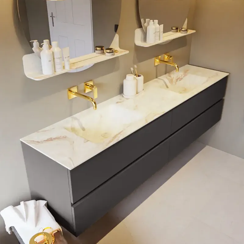 Actieprijs Mondiaz Vica DLux badmeubel 200cm dark grey 4 lades met wastafel frappe dubbel zonder kraangat