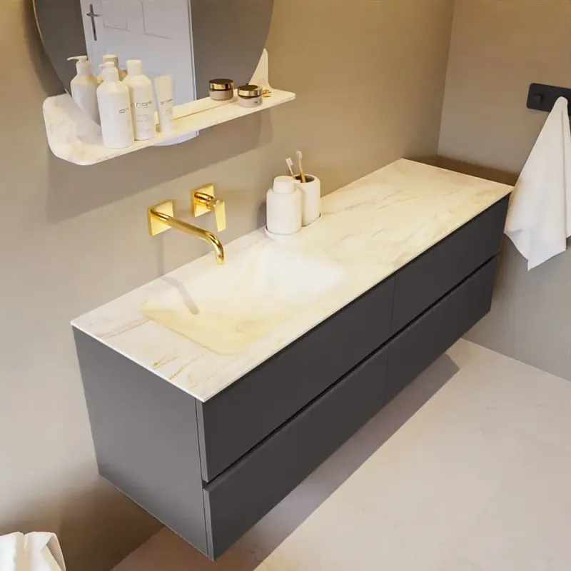 Mondiaz Vica DLux badmeubel 150cm dark grey 4 lades met wastafel ostra links zonder kraangat Superprijs