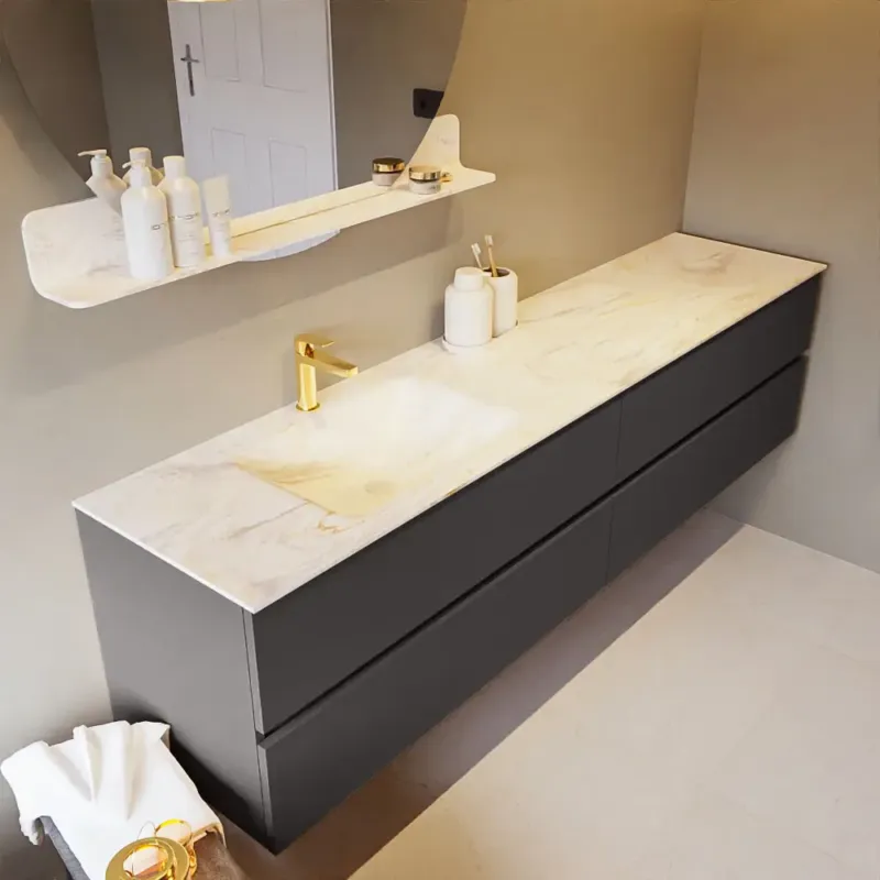 Mondiaz Vica DLux badmeubel 200cm dark grey 4 lades met wastafel ostra links 1 kraangat Fabrieksprijs