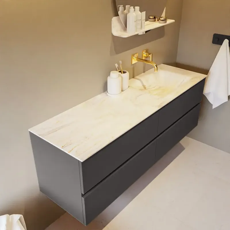 Mondiaz Vica DLux badmeubel 150cm dark grey 4 lades met wastafel ostra rechts zonder kraangat Gecertificeerd