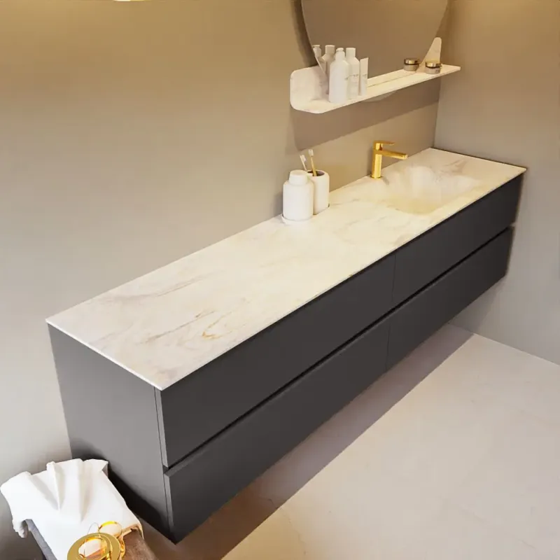 Mondiaz Vica DLux badmeubel 200cm dark grey 4 lades met wastafel ostra rechts 1 kraangat Laatste Versie